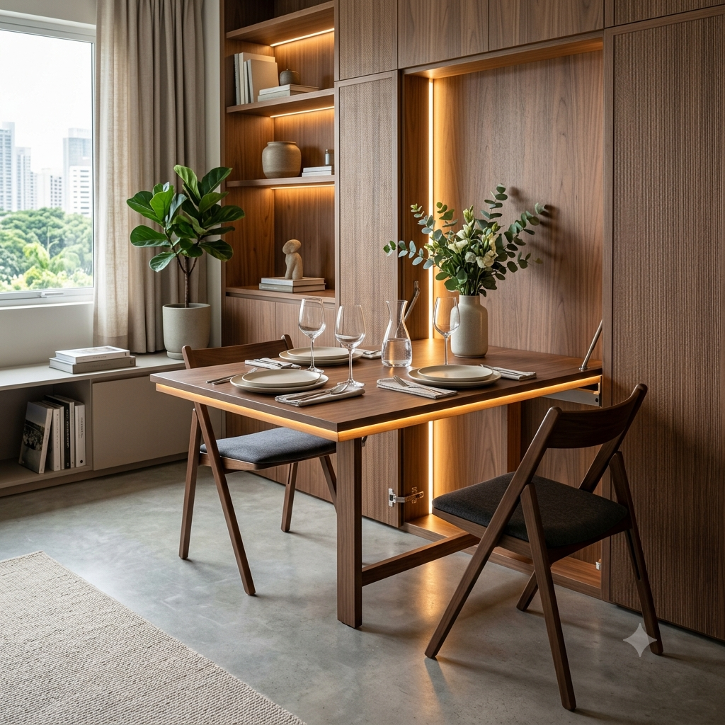 Folding wall mounted dining table with hidden chairs, a transformable dining solution